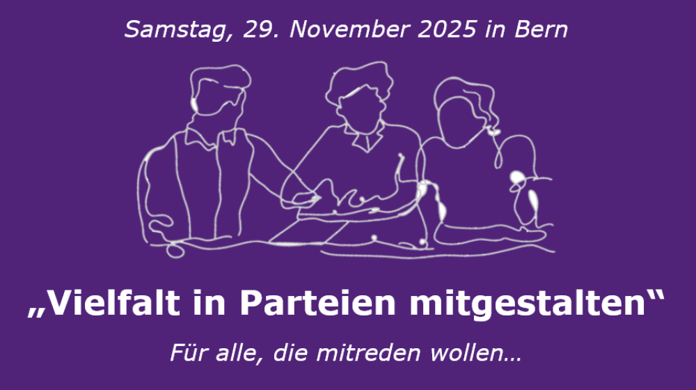 Ein Plakat mit dunkelviolettem Hintergrund. Im oberen Bereich steht in weisser Schrift: 