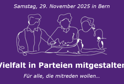 Ein Plakat mit dunkelviolettem Hintergrund. Im oberen Bereich steht in weisser Schrift: 