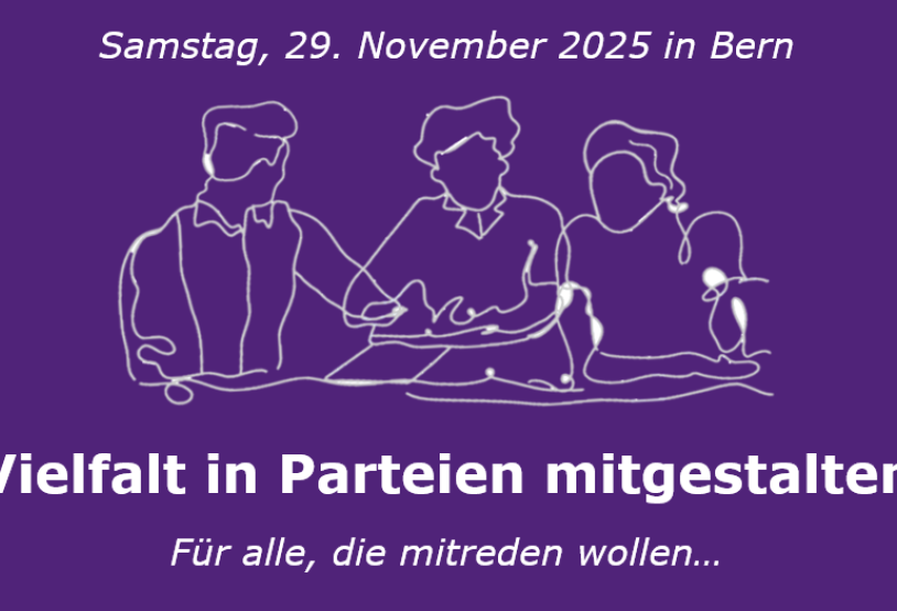 Ein Plakat mit dunkelviolettem Hintergrund. Im oberen Bereich steht in weisser Schrift: 