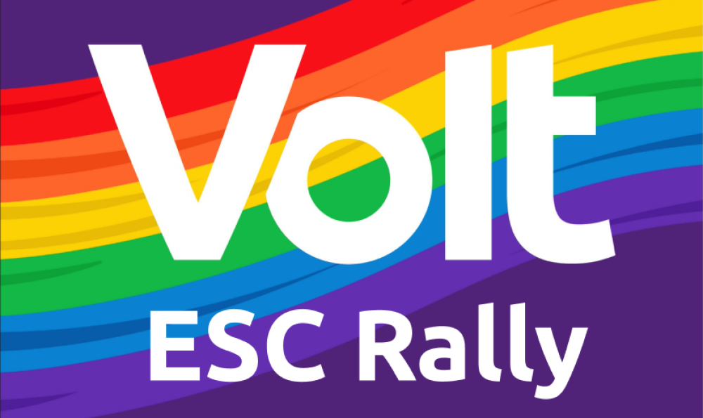 Volt Logo auf Regenbogen-Hintergrund, darunter der Text