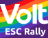 Volt Logo auf Regenbogen-Hintergrund, darunter der Text 