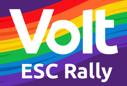 Volt Logo auf Regenbogen-Hintergrund, darunter der Text 