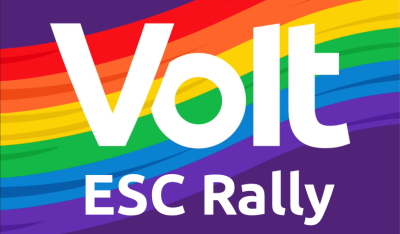 Volt Logo auf Regenbogen-Hintergrund, darunter der Text 