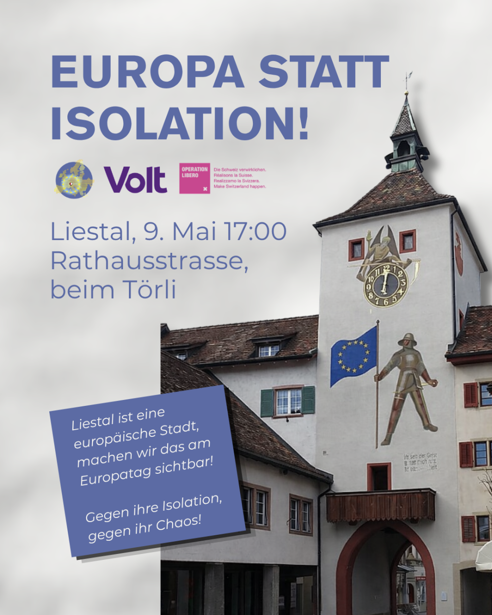 Alt Text: Politisches Veranstaltungsplakat von Volt und Operation Libero mit dem Titel 