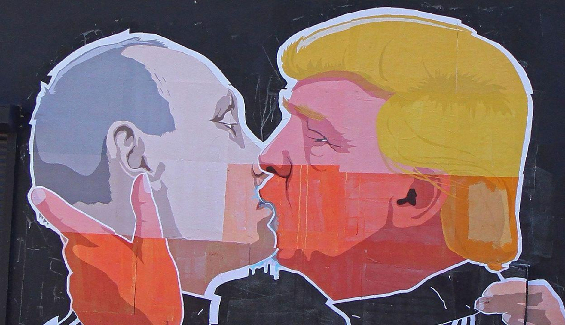 Wandgemälde von Putin und Trump, wie sie sich küssen