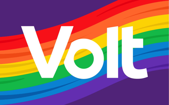 Volt Logo mit LGBTQ+ Farbverlauf im Hintergrund