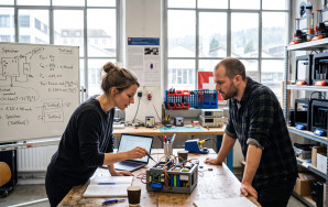 Zwei Personen in ihren Dreißigern stehen in einem hellen Werkstattlabor an einem Holztisch und analysieren gemeinsam einen offenen Energiespeicher-Prototyp. Im Hintergrund sind 3D-Drucker, Werkzeuge und ein Whiteboard mit Schaltskizzen zu sehen.