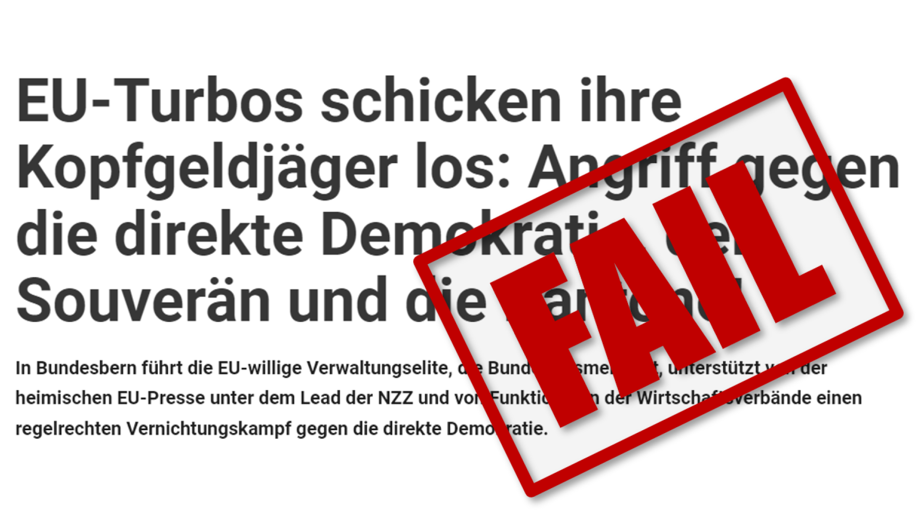 Screenshot der Medienmitteilung von Pro Schweiz mit einem FAIL Stempel drauf