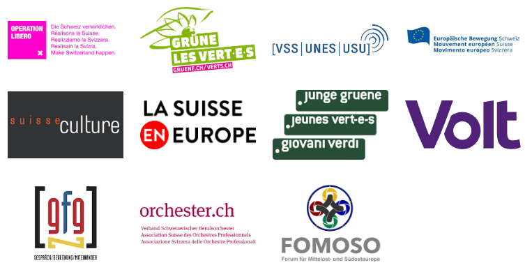 Die Europa-Allianz bestehend aus Vertreter:innen von Volt, Operation Libero, den Grünen, der Europäischen Bewegung Schweiz, VSS, suisseculture, La suisse en europe, GFGZ, orchester.ch und Fomoso